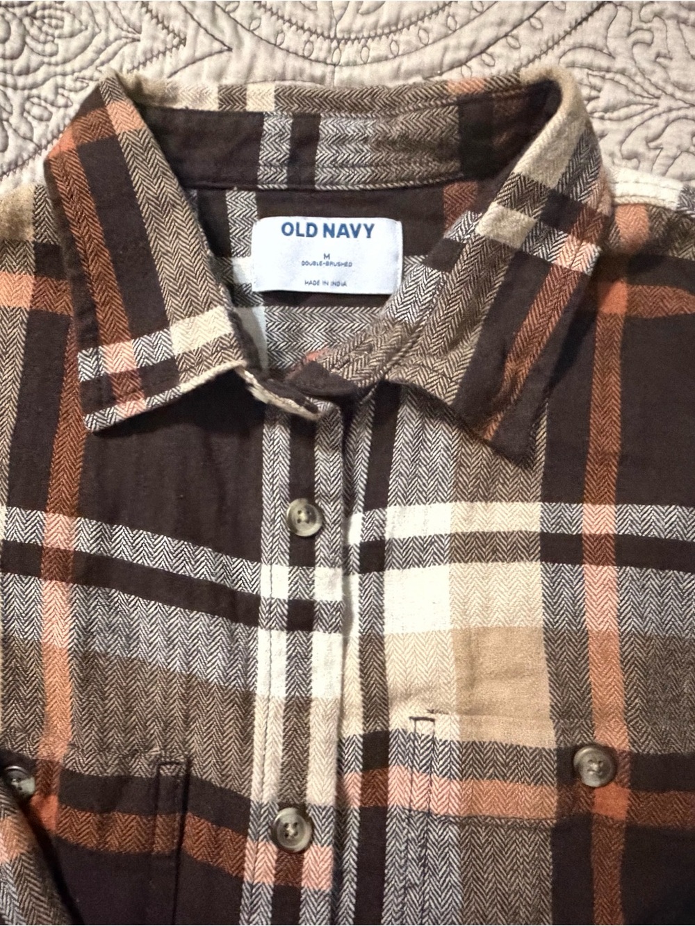 Old Navy Men's Brown and Cream Plaid Button-Down Shirt